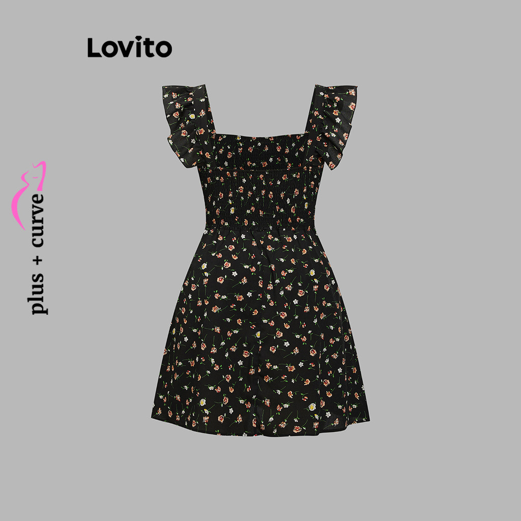 Lovito ชุดเดรส ไซซ์ใหญ่ สไตล์เรียบหรู ลายดอกไม้ขนาดเล็ก ดีไซน์สม็อค สำหรับผู้หญิง LBL18614 - รูปที่ 3