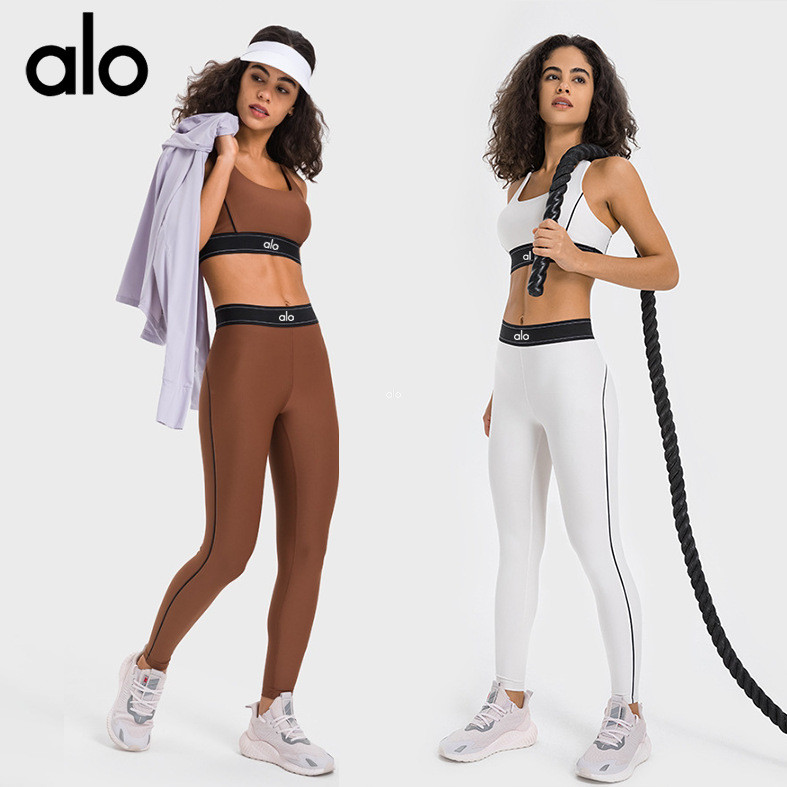 Alo Yoga ชุดโยคะสตรี กางเกง+เสื้อรัดรูป ยืดหยุ่นสูง กระชับสัดส่วน สำหรับออกกำลังกาย