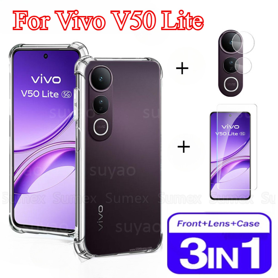 3in1 Shockprooof ถุงลมนิรภัยกรณีกล้องป้องกันหน้าจอกระจกนิรภัยสําหรับ Vivo V50 Lite 5G 2025 ฟิล์มโปร่