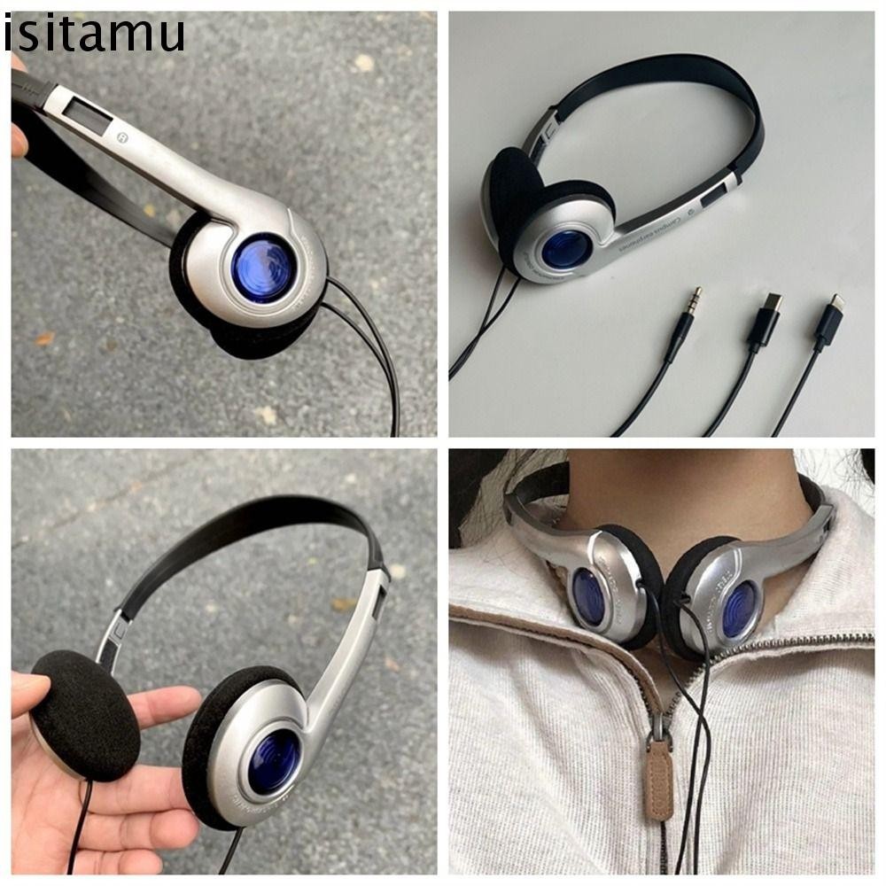 ISITAFT ชุดหูฟังย้อนยุค, หูฟัง Over Ear Millennium Wind Y2K, แฟชั่น Type C เอียร์บัดวินเทจหูฟังแบบมีสายกลางแจ้ง Mp3