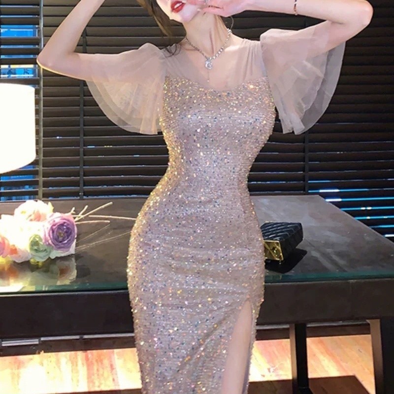 ชุดเดรสปาร์ตี้วันหยุดสไตล์เทพธิดา แฟชั่นระดับสูง ทรงเข้ารูป สลิมฟิต ประดับเลื่อมระยิบระยับ มีในสต็อก จัดส่งฟรี