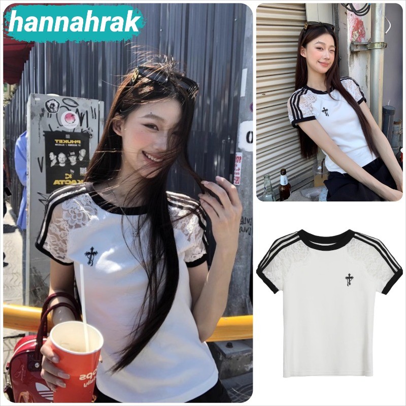 (ส่งจากกรุงเทพฯ)เสื้อครอป คอกลม ลูกไม้ แขนสั้น เสื้อยืด เกาหลี ลายทาง เสื้อ ผู้หญิง งานปัก เสื้อแขนสั้นรัดรูปน่ารัก