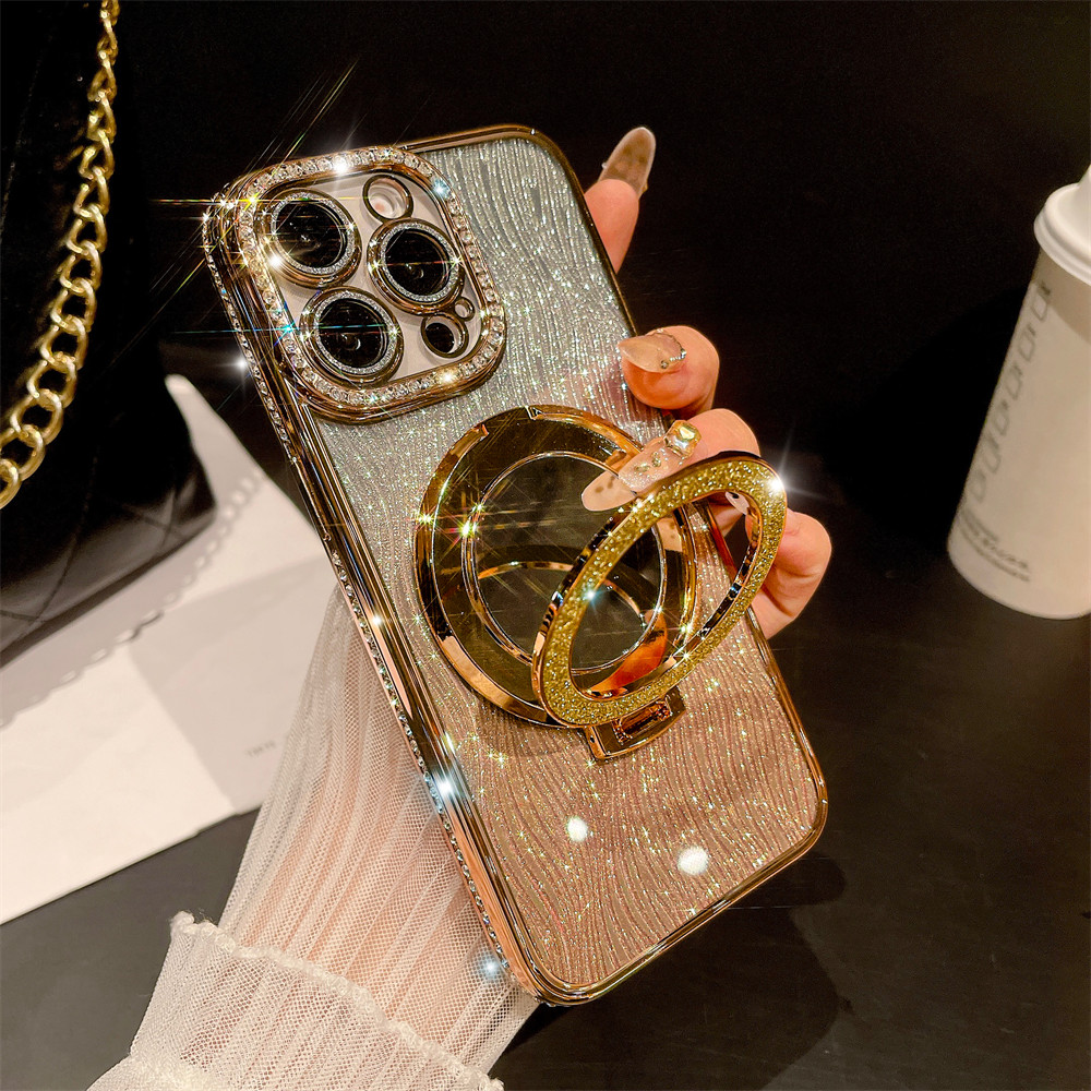 แฟลชเพชรกระจกยืนเคสโทรศัพท์สําหรับiPhone 16 11 12 13 14 15 pro max 16 15 plus Anti Fallเลนส์กล้องป้องกันกรณีTPU soft Caseเคสโทรศัพท์