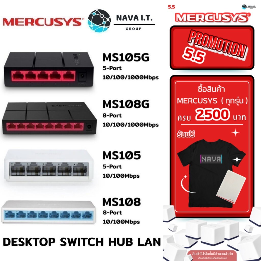 🛵มีส่งด่วน💨 MERCUSYS MS105 MS108 MS105G MS108G DESKTOP SWITCH รับประกัน 3 ปี