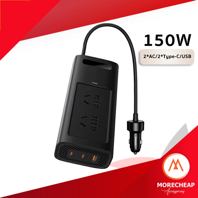 🔥ถูก/แท้🔥Baseus เครื่องแปลงไฟรถเป็นไฟบ้าน 110V 150W / 300W ปลั๊กพ่วงในรถ 2*AC/2*TypeC/USB Inverter