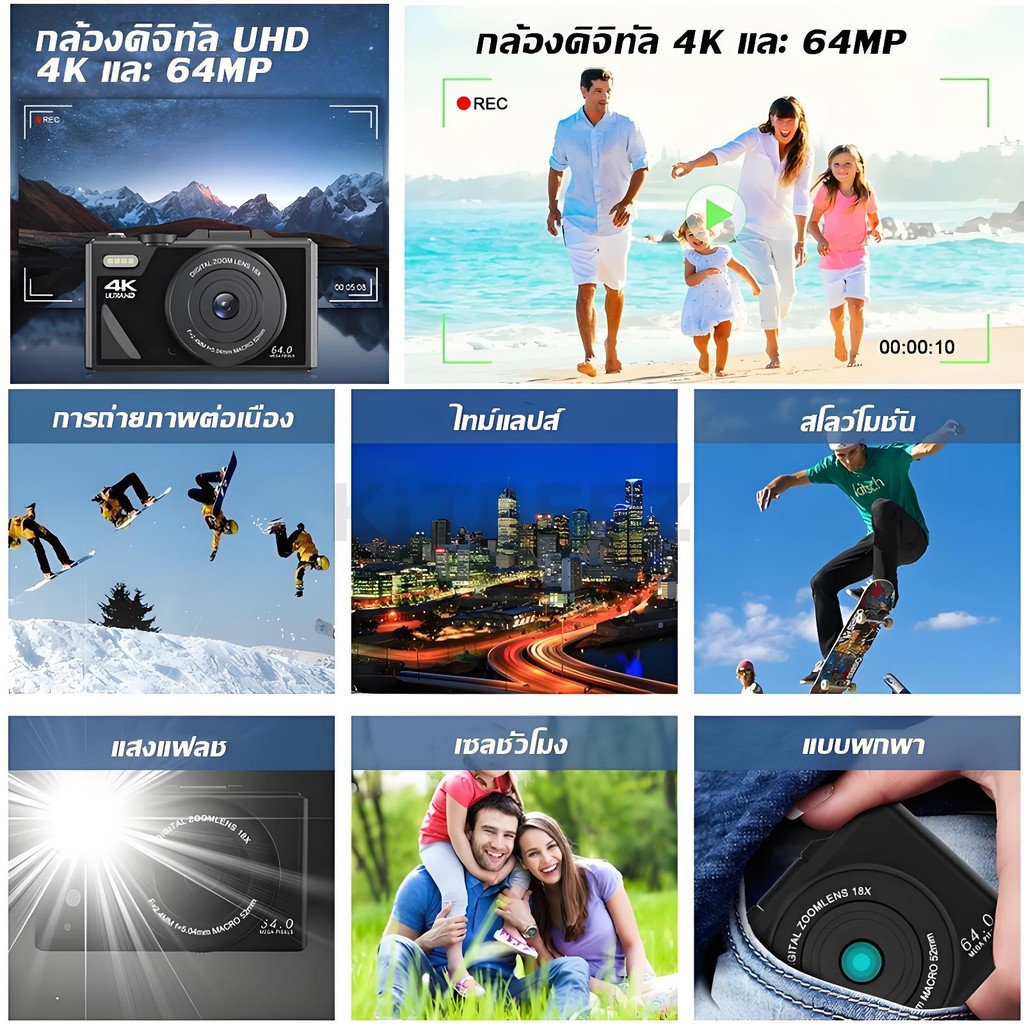 กล้องดิจิตอล 75MP 5K พร้อมซูมออปติคัล 18X 180° หน้าจอพลิกสําหรับเซลฟี่ การเชื่อมต่อ WiFi