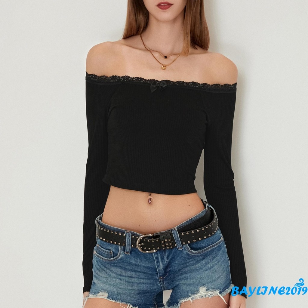 (จัดส่งในกรุงเทพฯ)-ผู้หญิง Crop Off-Shoulder Tops ลูกไม้ Patchwork เสื้อแขนยาว Casual Pullovers สําหรับ Club Streetwear ความงามเสื้อผ้า