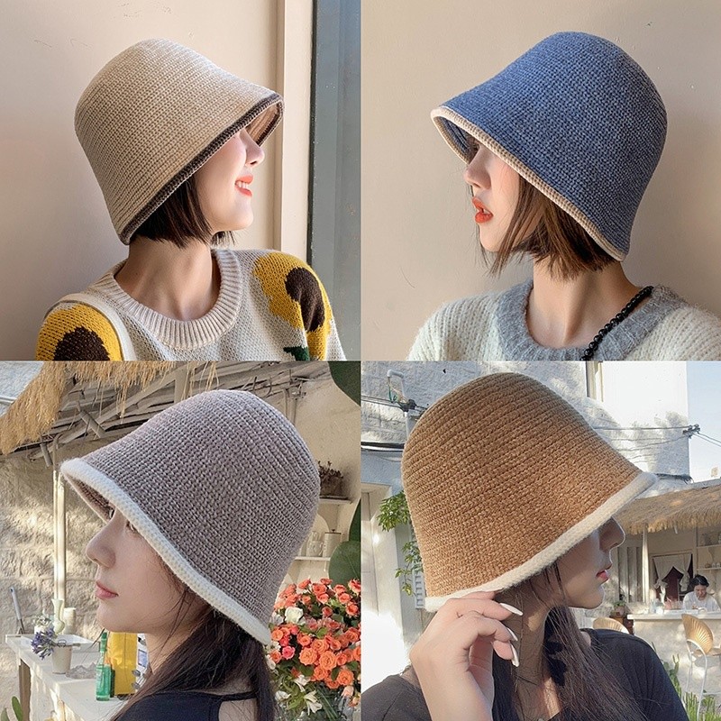 หมวกบักเก็ต ไหมพรม วินเทจ มีขอบสี สไตล์เกาหลี ทรงสวย ใส่สบาย อุ่นกันหนาว แฟชั่นเทรนด์ใหม่ จัดส่งรวดเร็ว COD