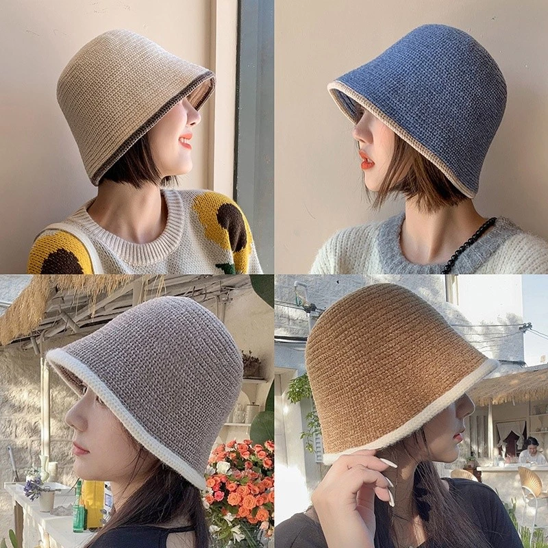 หมวกบักเก็ต ไหมพรม วินเทจ มีขอบสี สไตล์เกาหลี ทรงสวย ใส่สบาย อุ่นกันหนาว แฟชั่นเทรนด์ใหม่ จัดส่งรวดเร็ว COD