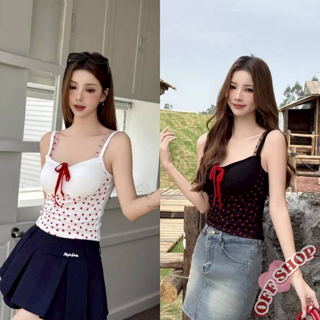 OFF SHOP 🥻ใหม่ 2025 เสื้อสายเดี่ยว มีฟองน้ำ ดีเทลแต่งลายหัวใจ ผูกโบว์ ' FY2716