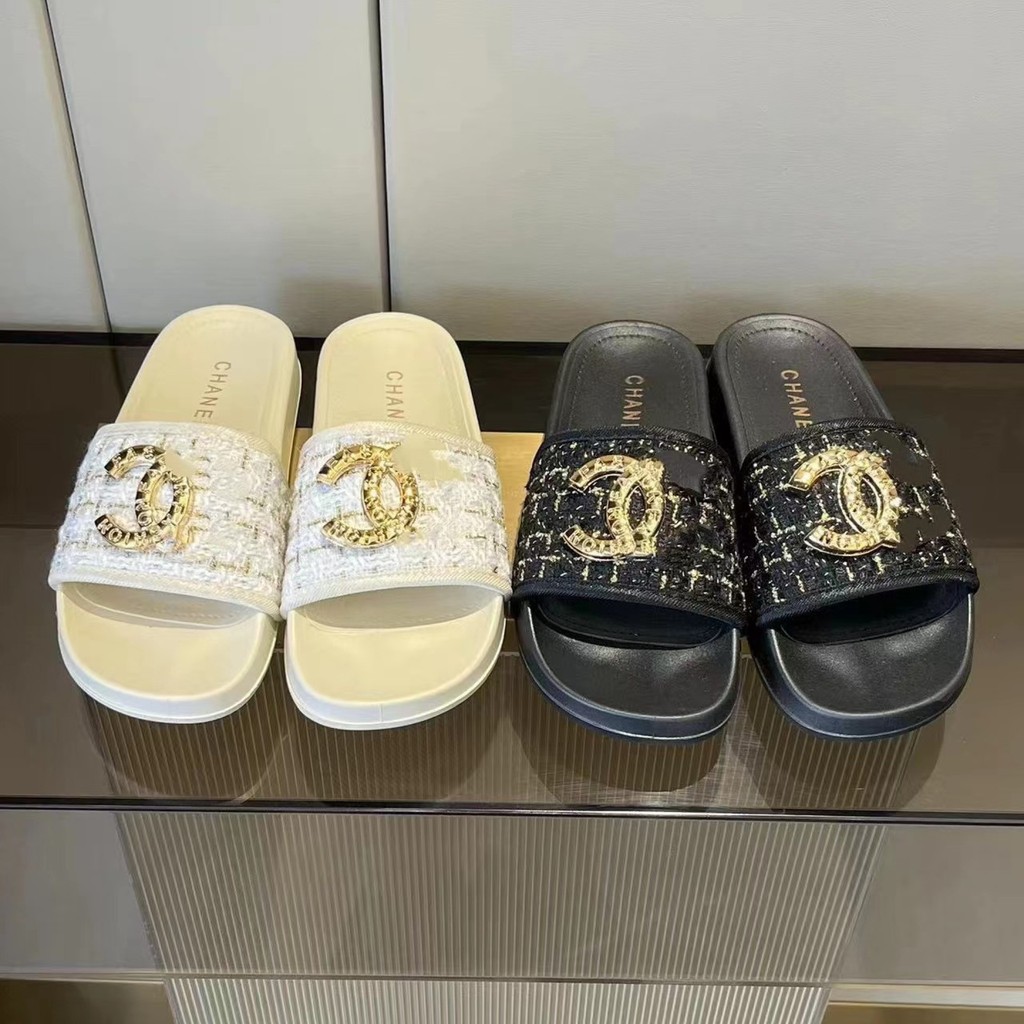 Ljs รองเท้าแตะแบนผู้หญิง Little Chanel สไตล์ Room รองเท้าแตะกลางแจ้งและรองเท้าแตะสีดํา gt 39 Shop california223 th