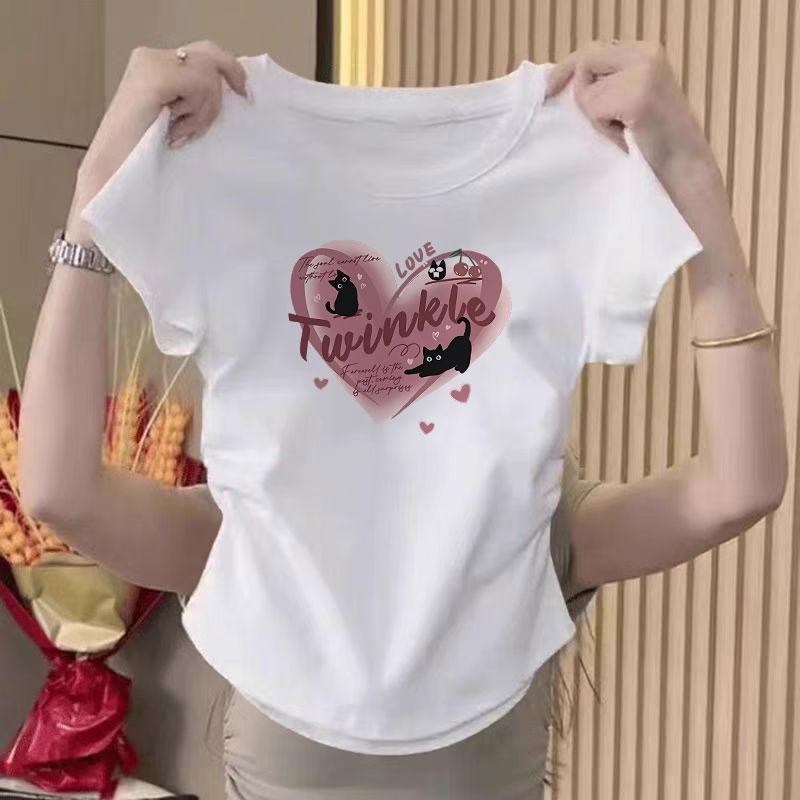 เสื้อรัดรูปเสื้อครอปฤดูร้อนอเนกประสงค์บางบาง คอกลม แขนสั้น เสื้อยืดครอป เอวยางยืด ใส่สบาย S-XXLมีหลายไซส์ให้เลือก มีหลาย