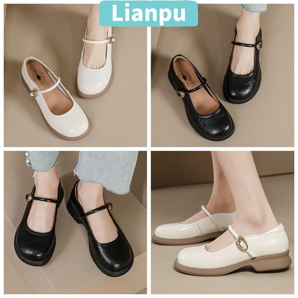 LIANPU รองเท้า Mary Jane, ปากตื้นหนังผู้หญิงรองเท้าไม่มีส้นรองเท้าแฟชั่นส้นเตี้ยสบายรอบนิ้วเท้าบัลเล่ต์แฟลต Commute