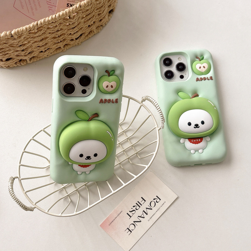 3D telescopic stand การ์ตูน self deprecating หมีซิลิโคนเคสโทรศัพท์สำหรับ iPhone 13 14 15 16 PRO MAX ปลอกนมสีเขียวซิลิโคนอ่อนฝาครอบป้องกันสำหรับ iphone16promax Case