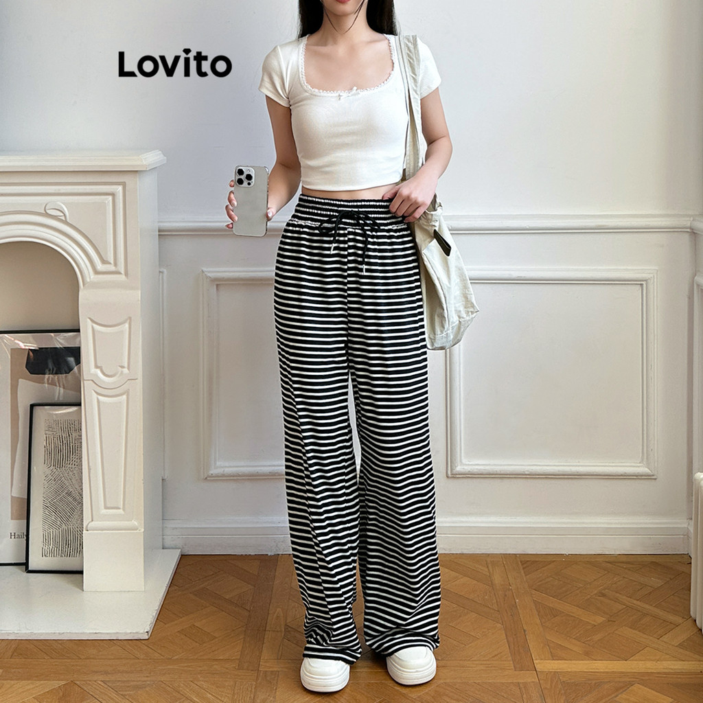 Lovito กางเกงลายทางสีบล็อกลำลองสำหรับผู้หญิง L108ED834
