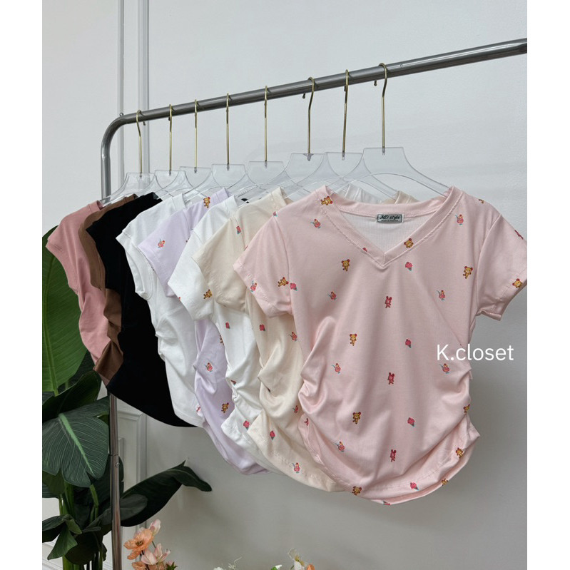 เสื้อยืดคอวี detail ย่นข้างผ้ายูนิโคล่ผ้านิ่มใส่สบายมาก