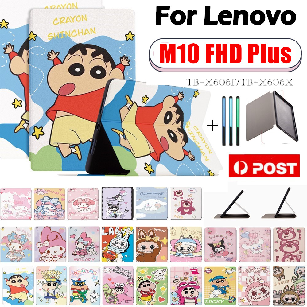น่ารักเครยอนชินจัง LABUBU สําหรับ Lenovo Tab M10 FHD Plus (2nd Gen) TB-X606F/TB-X606X 10.3 นิ้วหนังเด็กขาตั้งสมาร์ทการ์ตูน Kuromi Melody สตรอเบอร์รี่หมีกันกระแทก