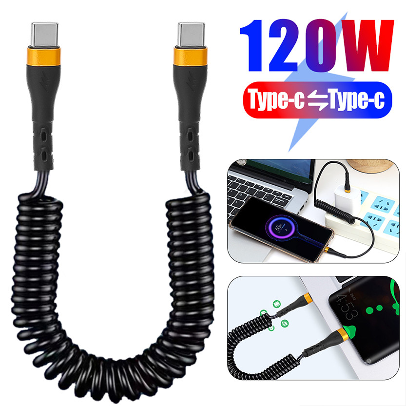 Pd 120W Spring Dual Type C Cable / 1M Quick Charging Data Wire / Telescopic Coil Fast Charger Line