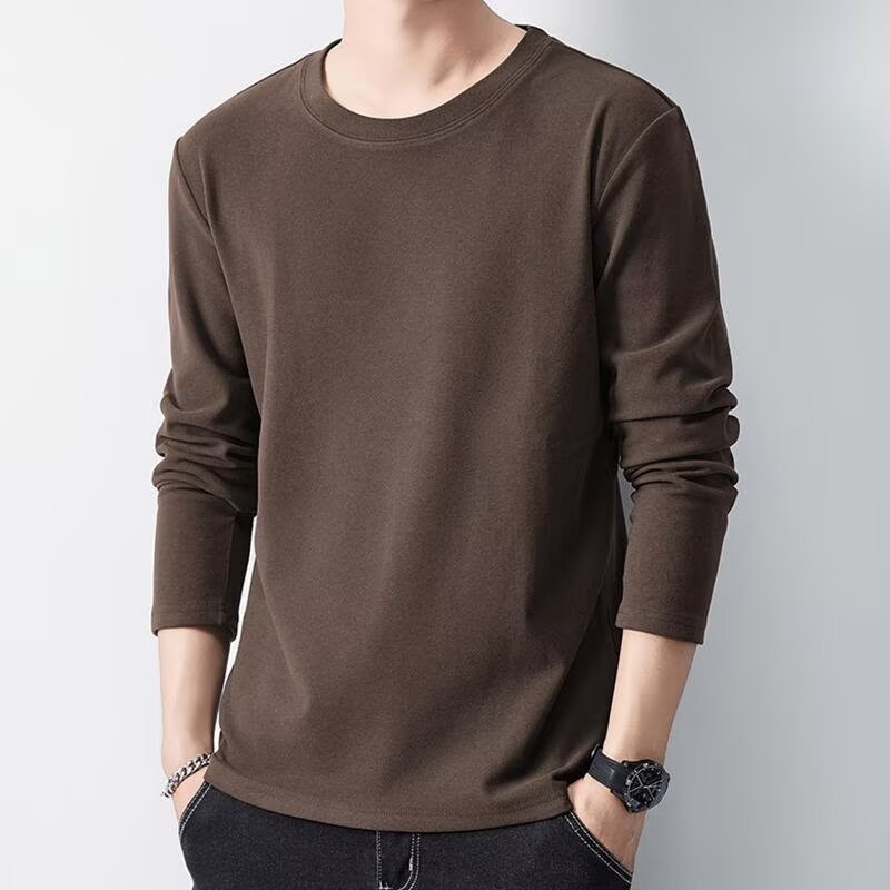 เสื้อยืดแขนยาวสีขาวลําลองอินเทรนด์สีทึบหลวมคอลูกเรือเสื้อ จุดต่ําสุด