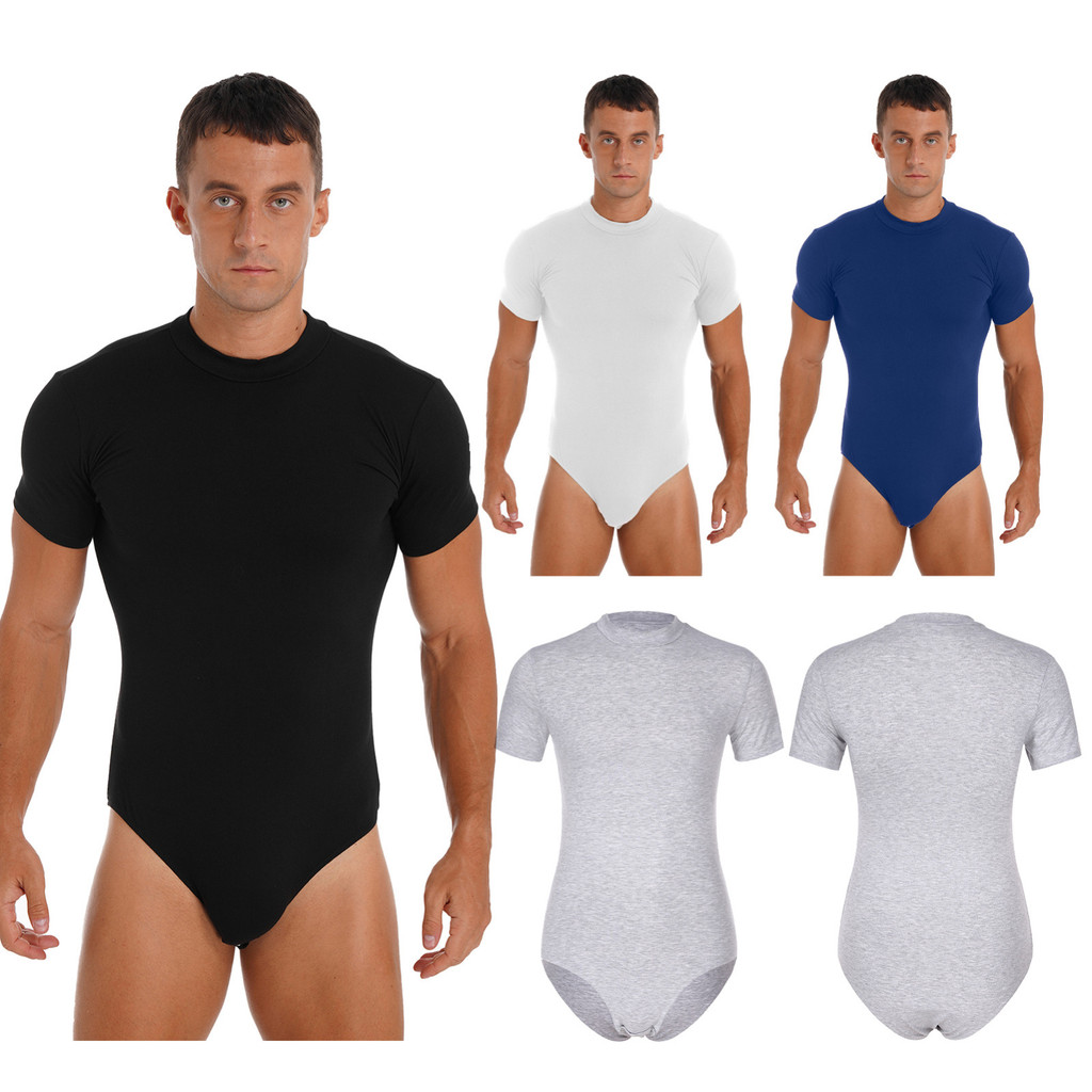Miaeowve Mens คอลูกเรือแขนสั้น Leotard Undershirt กดปุ่ม Crotch Bodysuit Casual สีทึบ Skinny Jumpsuit