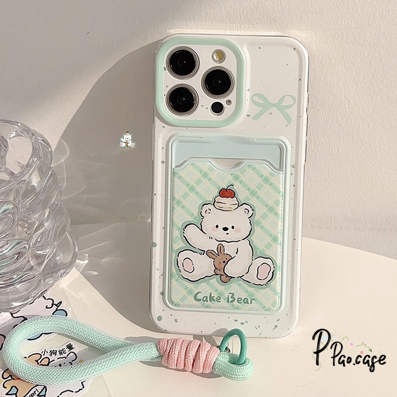 หมีน่ารักเข้ากันได้เคสไอโฟน 16 XR 11 13 15 14 12 Pro Max 7 8 Plus X XS Max SE 2020 โบว์สีเขียวหวานเชือกกระเป๋าสตางค์บัตร