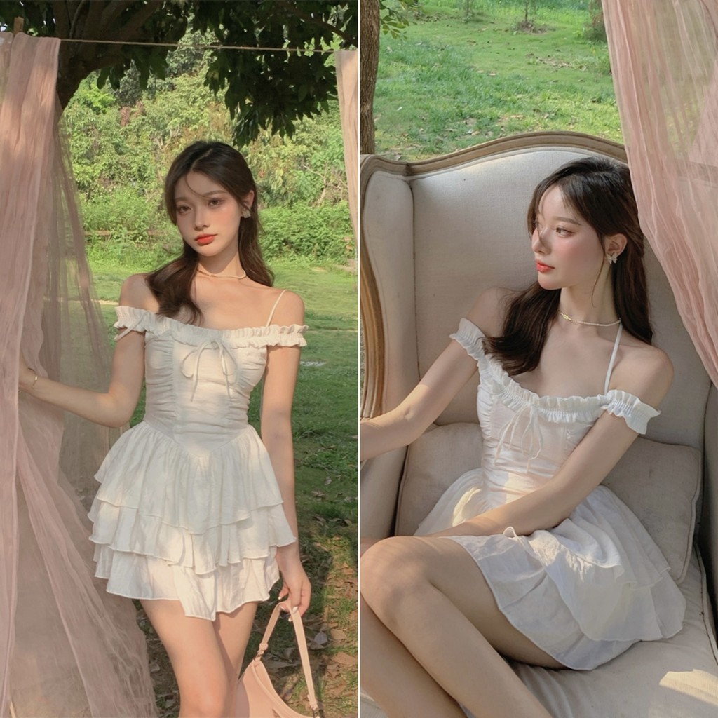 Betty house พร้อมส่ง ชุดเดรสสั้นผู้หญิง มินิเดรสสายเดี่ยว เปิดไหล่เซ็กซี่ ชุดกระโปรง ดีไซน์เก๋ไก้ขาว