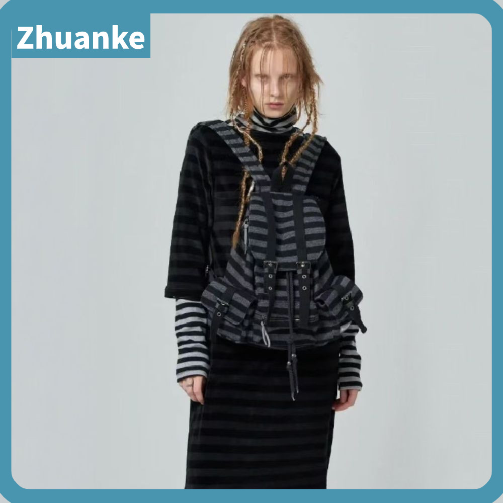 Zhuanke Bookbags, กระเป๋าเป้ลายทางแบนสไตล์เกาหลี, กระเป๋าโท้ตความจุขนาดใหญ่ดีไซน์หูรูดแบบนุ่มคุณภาพสูง