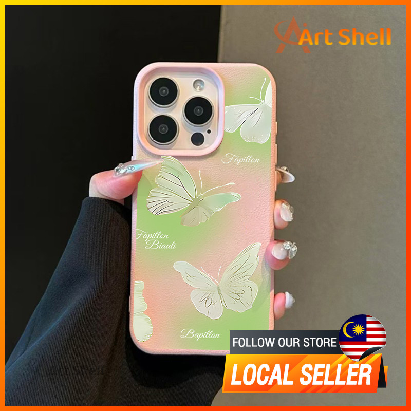 ใช้งานร่วมกับ iphone 16 PRO MAX เคสโทรศัพท์สีเขียวผีเสื้อ 12 13 14 15 11 PRO MAX ปลอก xr xs MAX 7 8 