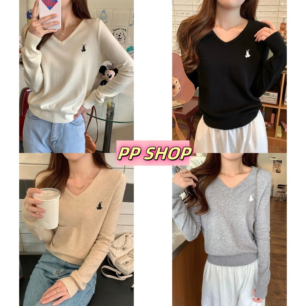 PP Shop​ ​พร้อมส่ง แขนยาว เสื้อไหมพรมคอวี กันหนาว เสื้อผ้าแฟชั่นผู้หญิง งานปักรูปแบบกระต่าย เรโทร น่ารักๆ มินิมอล#08068