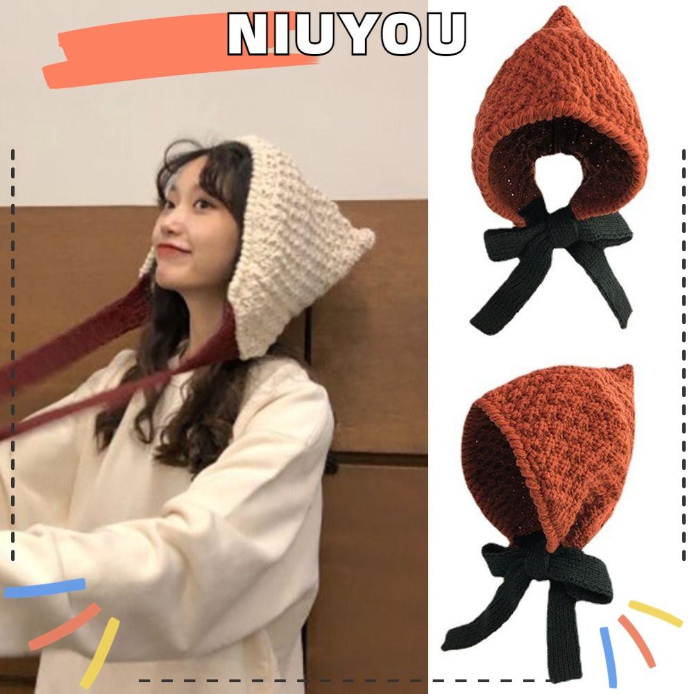 Niuyoou ถักหลวม Tie Up Hood, เส้นด้ายขนสัตว์หลวม Fitting หมวกอบอุ่น, แฟชั่นกันลม Warm นุ่มและเป็นมิตรกับผิวหมวกป้องกันหูฤดูใบไม้ร่วงและฤดูหนาว