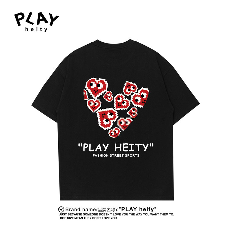 Play HEITY Love พิมพ์เสื้อยืดแขนสั้นหลวมแนวโน้มผู้ชายและผู้หญิงผ้าฝ้ายพรีเมี่ยม 100% คู่ด้านบน