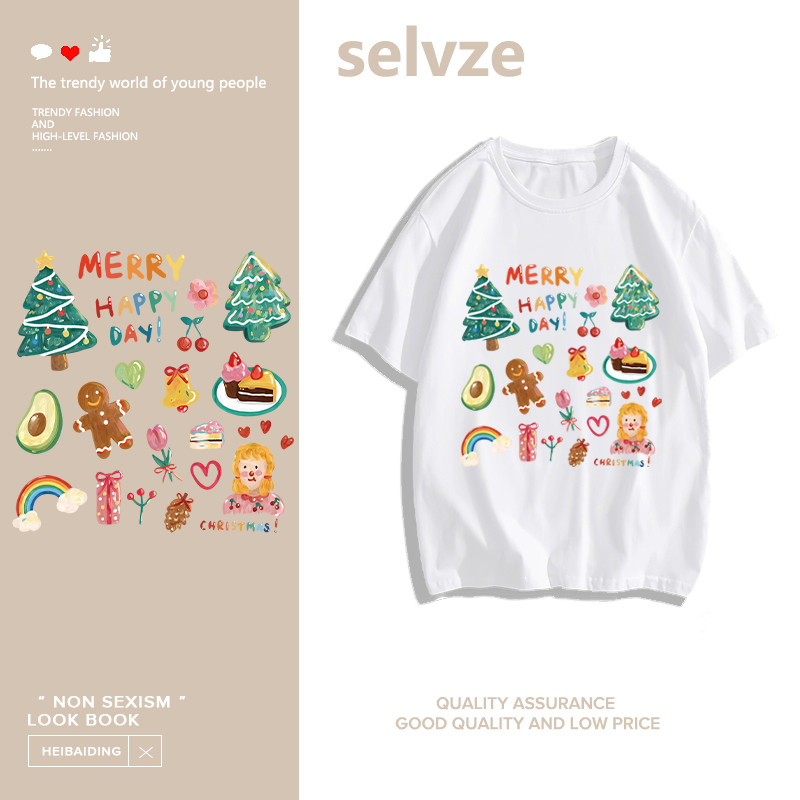 SELVZE（จัดส่งตลอด 24 ชั่วโมง）Christmas T-shirt，การ์ตูนน่ารักต้นคริสต์มาสพิมพ์เสื้อยืดแขนสั้น I003219