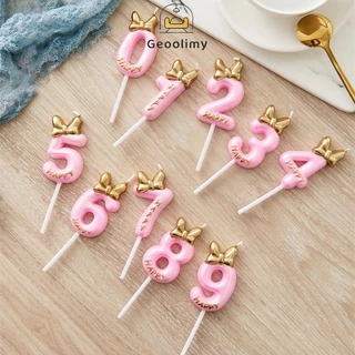 เทียนวันเกิด เทียนโบว์ สีชมพูน่ารัก เบอร์ 0-9 สําหรับตกแต่งเค้กวันเกิด ขนม ✨Geoo