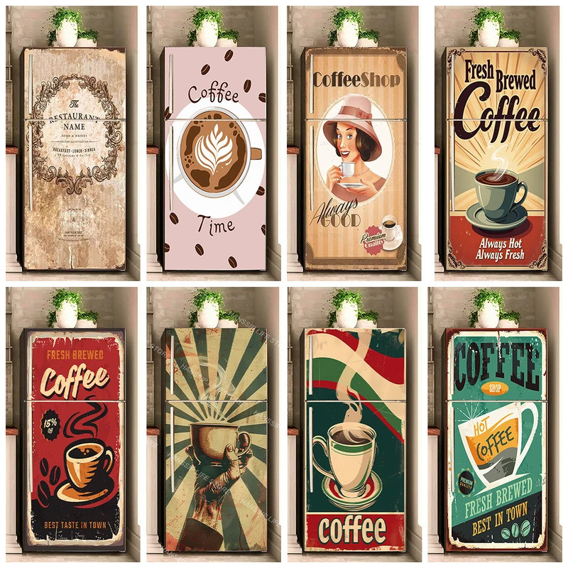 สติ๊กเกอร์ตู้เย็นประตู ลายพื้นหลังกาแฟวินเทจ กันน้ํา พีวีซี สําหรับตู้ครัว โปสเตอร์กาแฟสไตล์ย้อนยุค