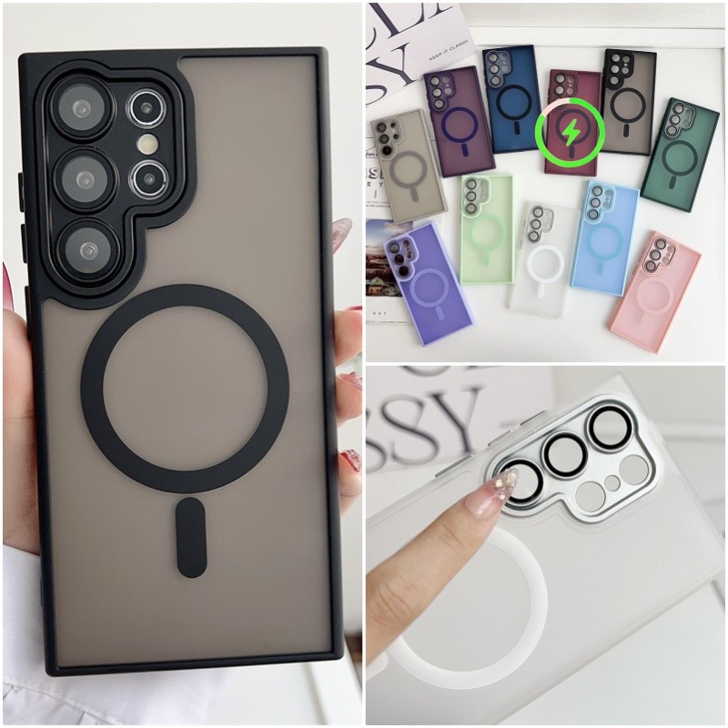 เคสแม่เหล็กโปร่งแสงปลอกสําหรับ Samsung Galaxy S25 S24 S23 S22 Ultra Plus พร้อมฟิล์มเลนส์ปุ่มอิสระกันกระแทกฝาหลัง