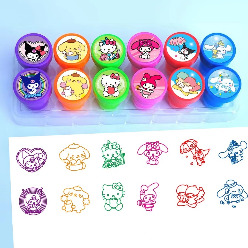 12pcs Sanrio Seal ชุดของเล่นการ์ตูนน่ารัก Hello Kitty Kuromi Signet แสตมป์นักเรียนโรงเรียนเครื่องเขียนอะนิเมะโบนัส