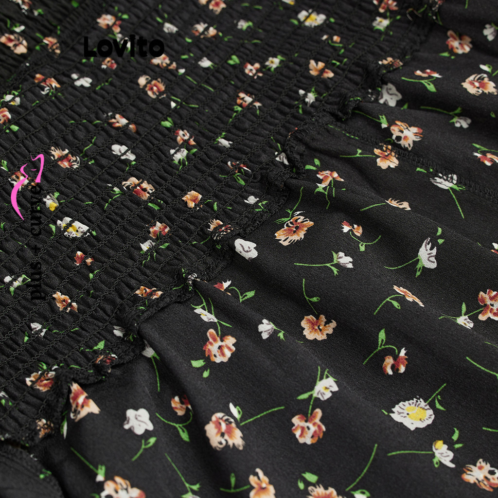 Lovito ชุดเดรส ไซซ์ใหญ่ สไตล์เรียบหรู ลายดอกไม้ขนาดเล็ก ดีไซน์สม็อค สำหรับผู้หญิง LBL18614 - รูปที่ 4