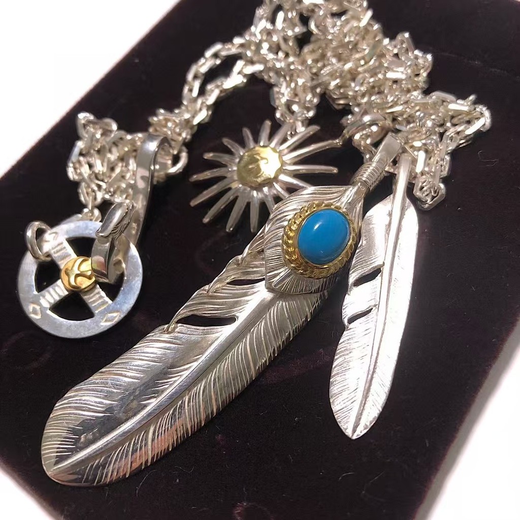 Goros Necklace/Takahashi goros Feather Inlaid Blue Turquoise Silver Sun Decorative Necklace