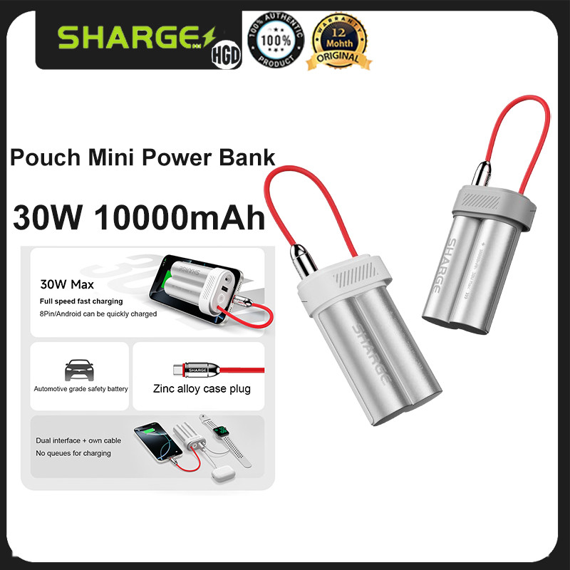 Sharge 30W 10000mAh Powerbank กระเป๋า Mini Power Bank ในตัวสายชาร์จแบบพกพา