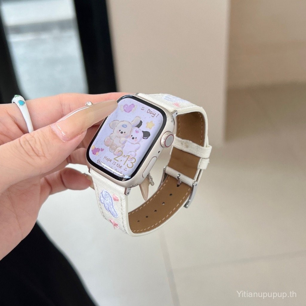 สมาร์ทนาฬิกา S9/8/7 /se/ 6/5/4/3/2/1ปักปีกสายหนังผ้าใบ38/40/41/42/44/45/49mm22mmสายรัด สายหนัง สาย
