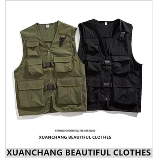 เสื้อกั๊กแขนกุดบุรุษแจ็คเก็ตการถ่ายภาพตกปลาหลายกระเป๋าลําลองผู้ชายกองทัพสีเขียว ชุดทํางาน