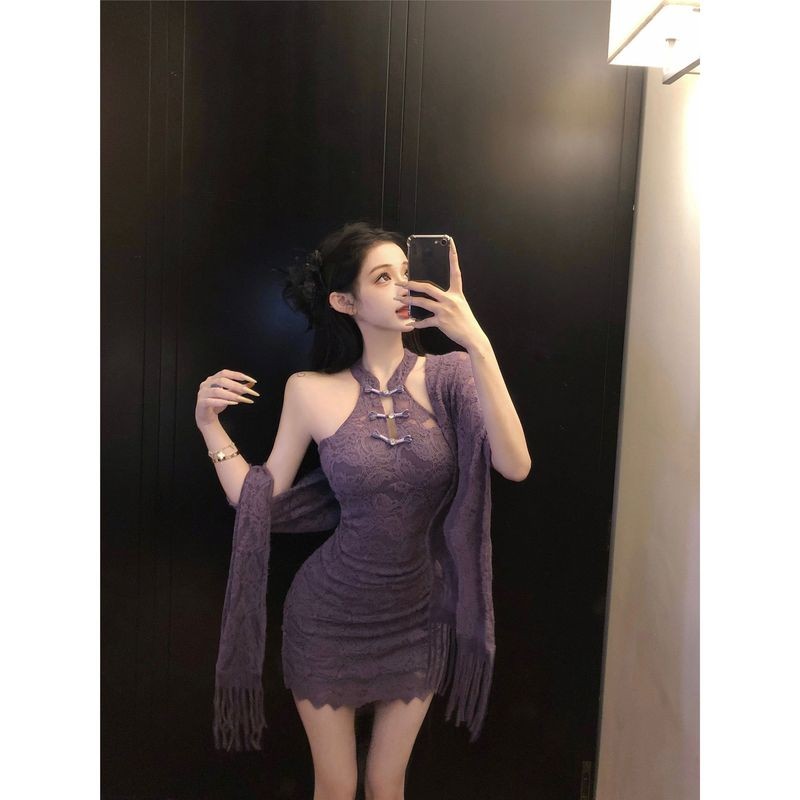 Xyzkuli ใหม่สไตล์จีนสไตล์จีนแฟชั่นชุดหญิงลูกไม้สีม่วง เชือกแขวนคอ ชุด สะโพก-ปิด กระโปรงสั้นฤดูใบไม้ร่วงผ้าคลุมไหล่ชุดสองชิ้น