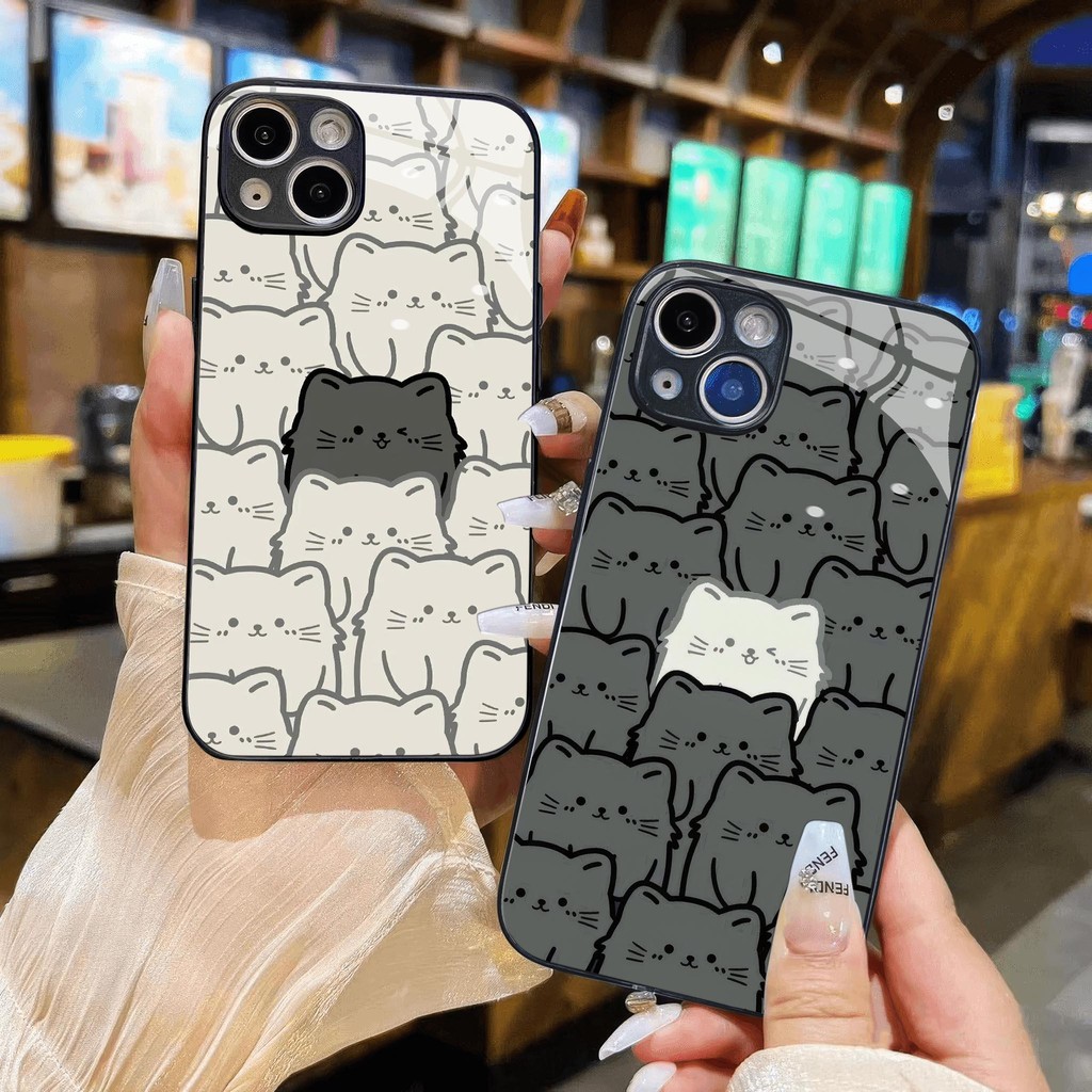 สีดําสีขาวสีเทาแมวกรณีแก้ว iphone 16 15 14 13 12 11 x xs xr 8 7 6 pro max plus mini 6s 6g 7g 8g 6p 7