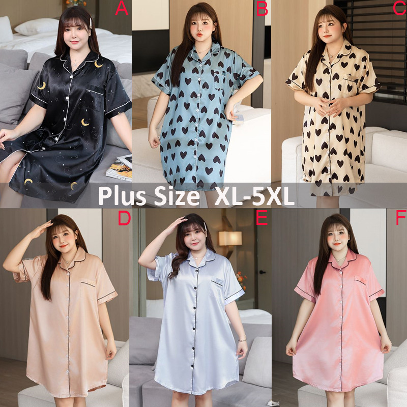 แฟชั่นเกาหลีผู้หญิงขนาดบวก XL-5XL ผ้าไหมซาตินหลวม Nightdress Pyjama แขนสั้นหญิงชุดนอนขนาดชุดนอน Homewear ชุดนอนชุดนอน