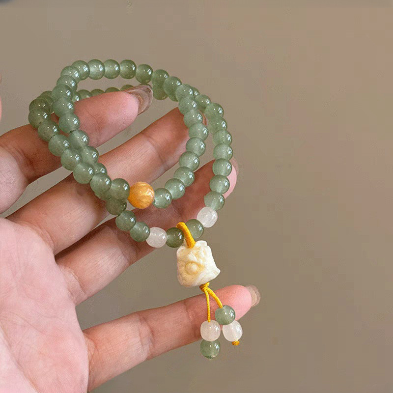 ชิฮวา✨สร้อยข้อมือลูกปัดสองชั้นซ้อนสไตล์จีน Lion-wakening ดีไซน์โบราณเงิน เรียบง่าย เสริมโชคลาภ