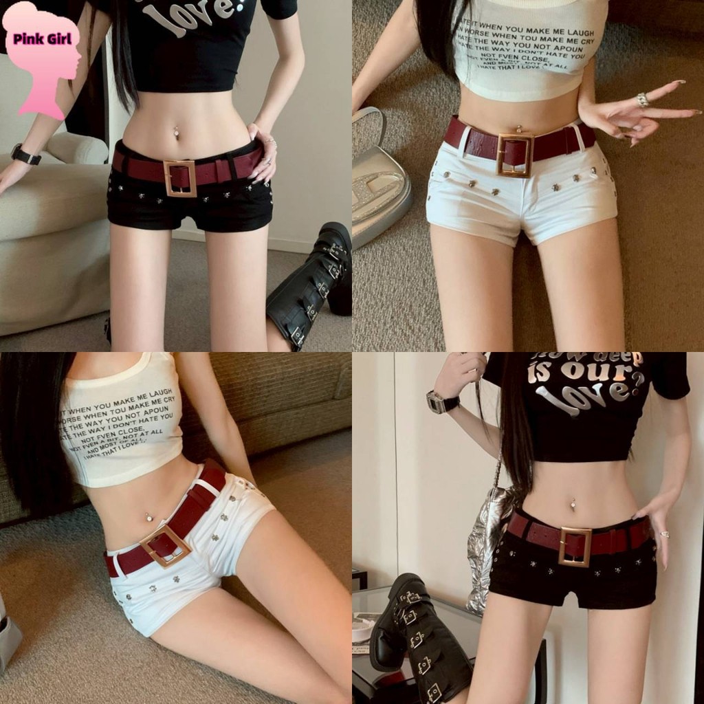 💋Pink girl💋​พร้อมส่ง กางเกงขาสั้น เอวต่ำ แถมเข็มขัด สีพื้น วายทูเคมาก' NZ1760