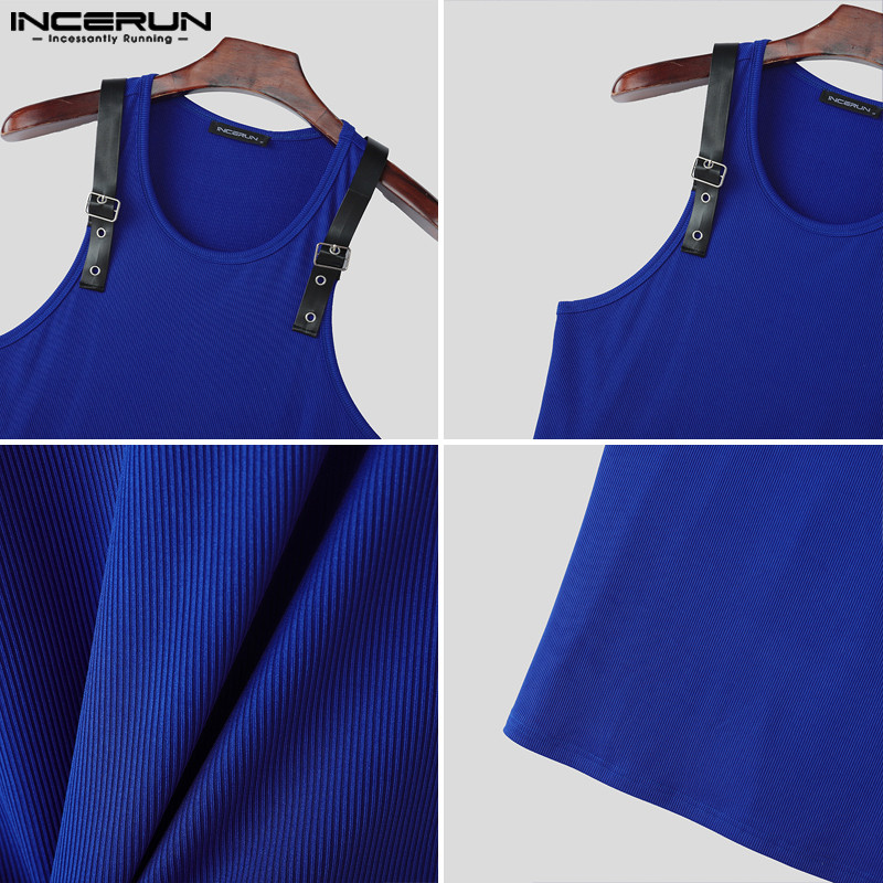 INCERUN Men Korean Street Stylish Crew Neck Leather Buckle Splicing Sleeve Tanks - รูปที่ 7