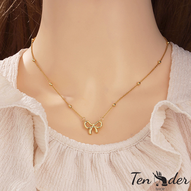 COD-ส่งเร็วจากไทย🎀18Kสร้อยคอ เหล็กไทเทเนียม จี้ประดับโบว์ สำหรับผู้หญิง ไม่ซีดจาง เหล็กกล้าไร้สนิม-Ten