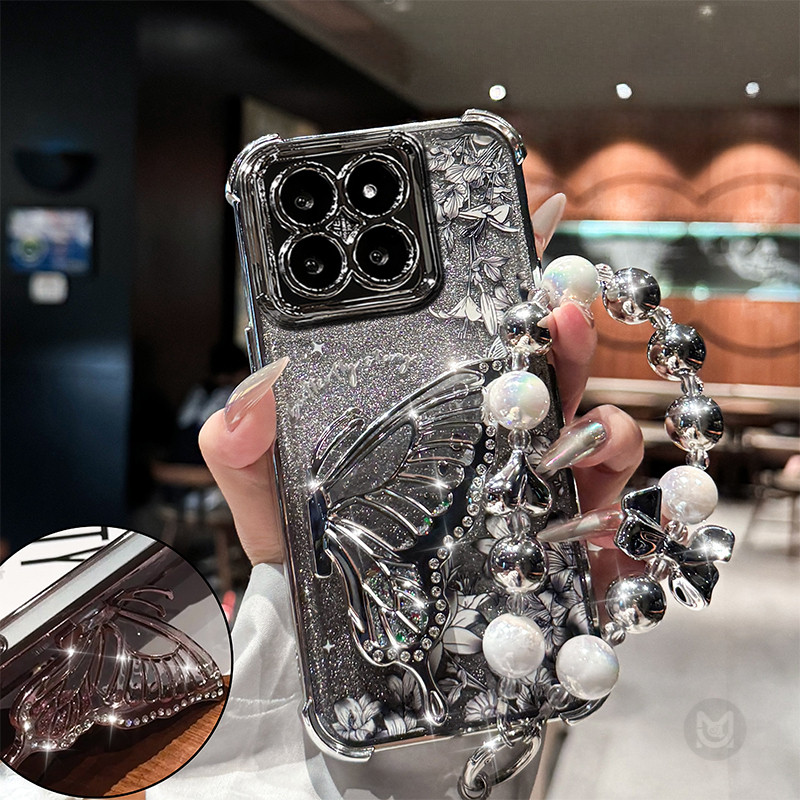 ปลอกสําหรับ Xiaomi Mi 17T 15T 14T 13T 12T Pro 14 15 Ultra Glitter ผีเสื้อกันกระแทกนุ่มเคสโทรศัพท์พร้อมสายคล้อง