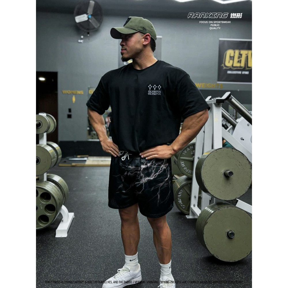 Burning Fitness Fitness Loose Sports 200GSM ผ้าฝ้ายคุณภาพสูงผู้ชายเสื้อยืดแขนสั้นพิมพ์ลายเรียบง่าย 0514